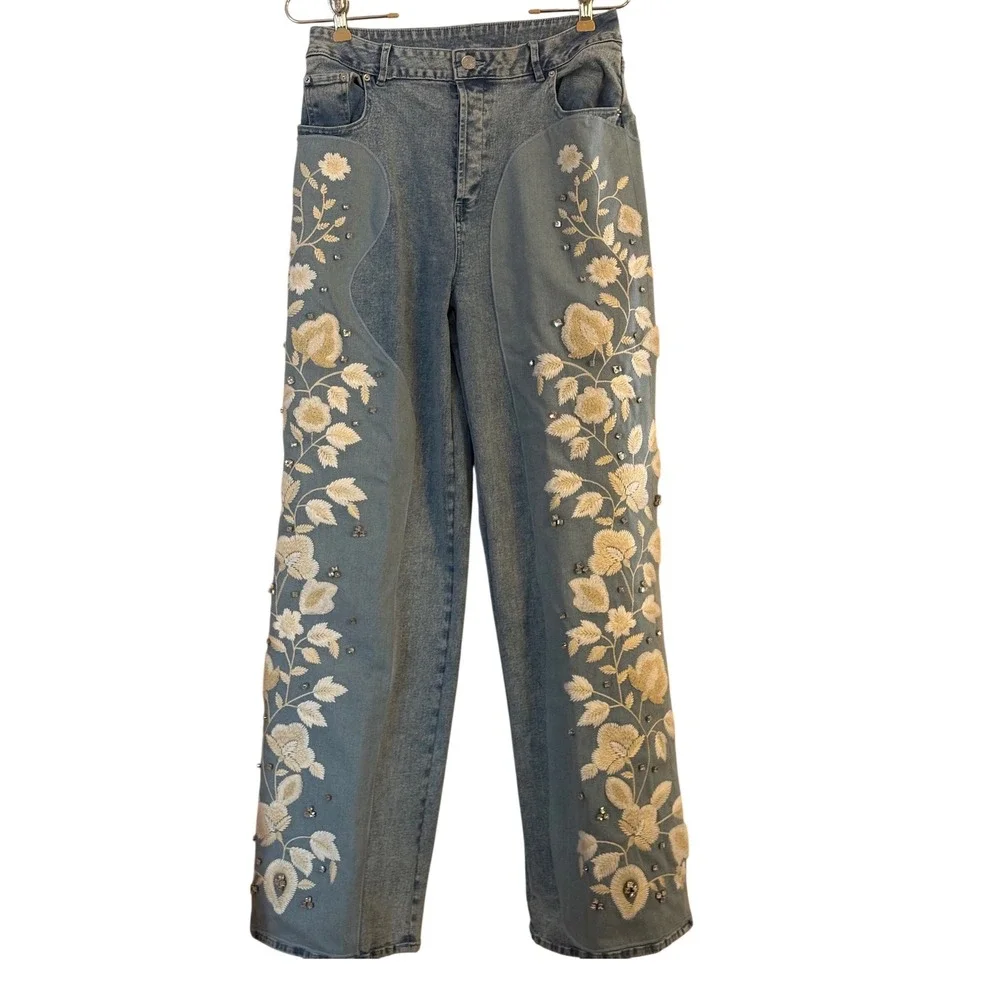 Blue B Collection Floral Embroidered Rhinestone Jeans Straight Leg Womens M - Picture 3 of 9